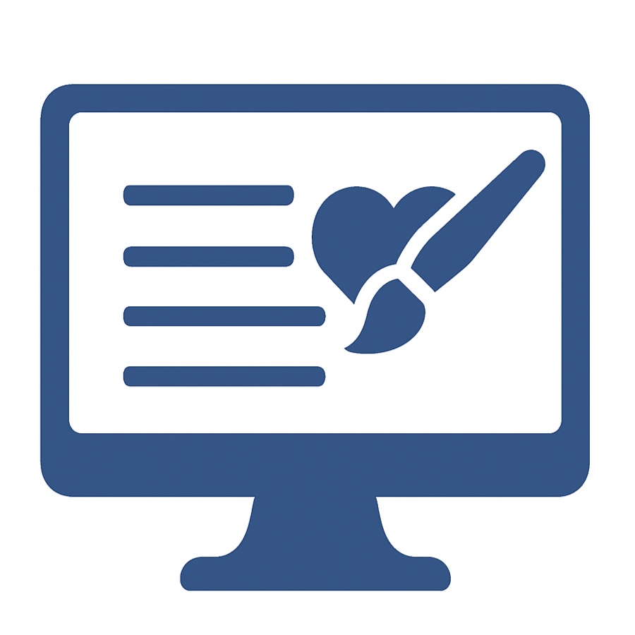 Icon Bildschirm mit Text und einem Herz das von einem Pinsel gemalt wird.